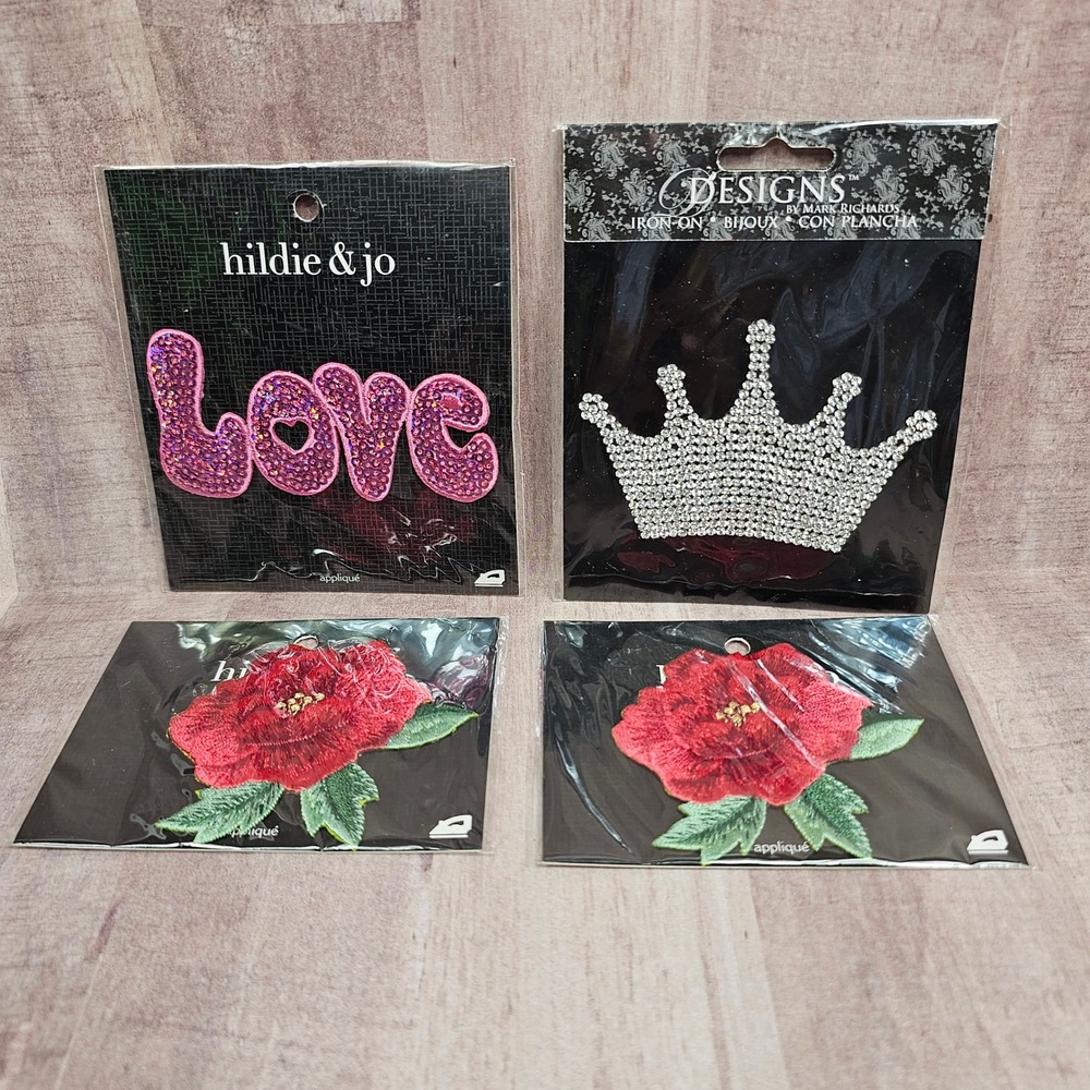Hildie & Jo Mark Richards Iron On Applique Lot Love Crown Red Flower Patches 4pc